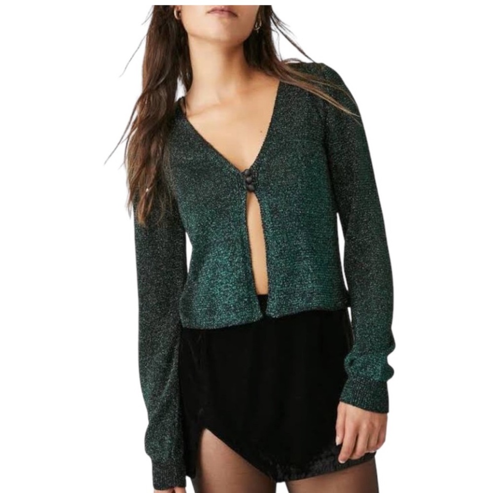 Free People "Emmaline Cardi Alpine Combo" Metallic Green Cardigan, sz M, NWT